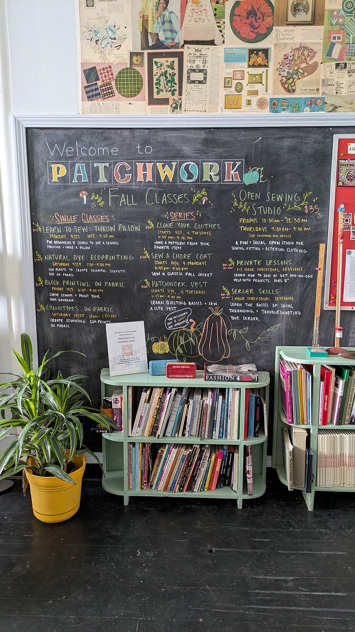 studio scenes, the class listing board and two people doing a tarot reading at an event