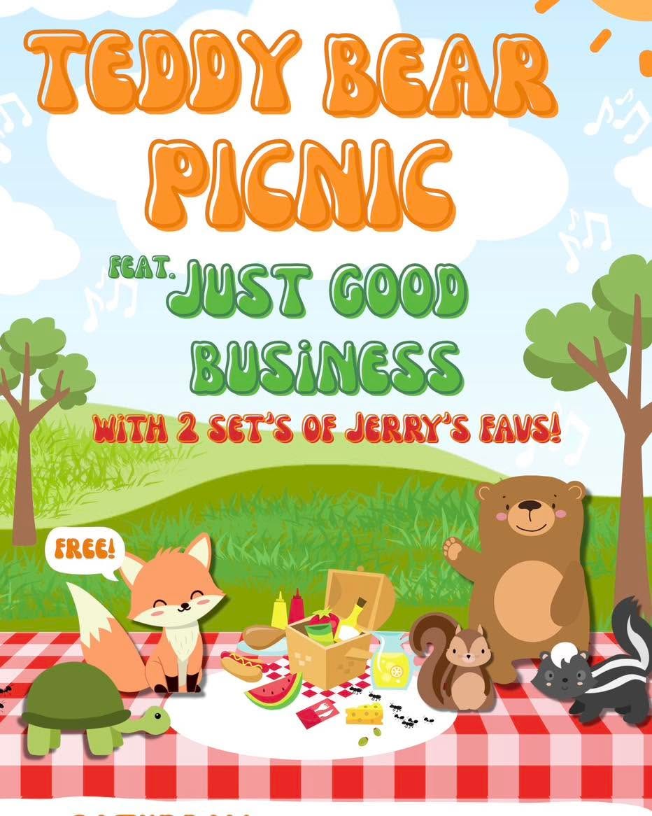 May be a doodle of ‎text that says '‎TEDDY BEAR תת PIGNIC rEAT. JUST GOOD BUSINESS 2 SET'S OF JERRY'S FAVS! ERCE! افع 4‎'‎