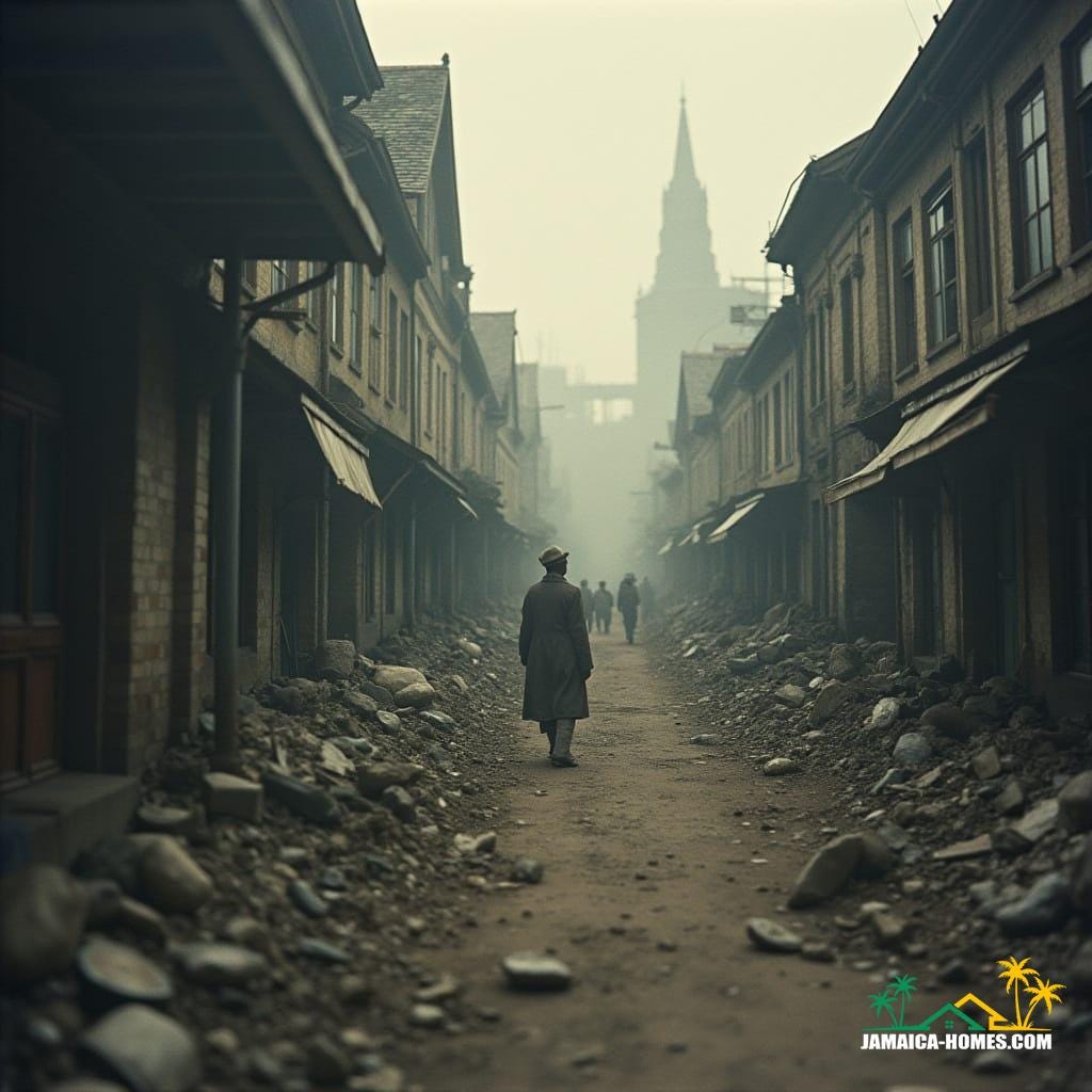 Cinematic film still of post-war Britain in the 1940s-1950s, depicting ruins and a desperate shortage of labour, contrasted with scenes of Jamaica facing economic strain, unemployment, and thin opportunities. Shot on v-raptor XL with film grain, vignette, and color grading. Cinematic lighting, 35mm film, live-action, best quality, atmospheric, a masterpiece, epic, stunning, dramatic.