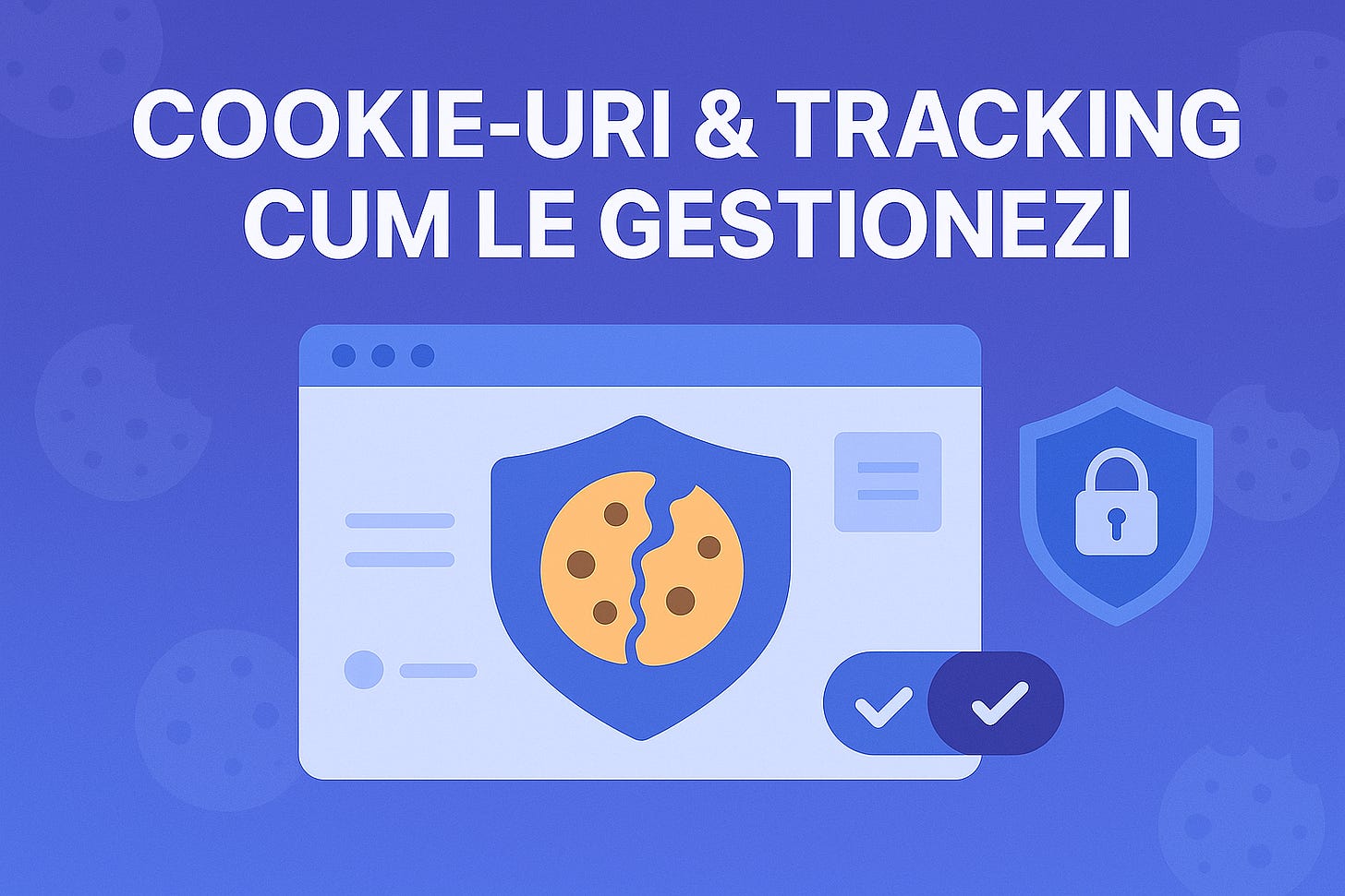 Banner vectorial flat 16 : 9, gradient violet–albastru cu siluete difuze de cookie în fundal; titlul alb fără diacritice «COOKIE-URI & TRACKING – CUM LE GESTIONEZI». În centru, o fereastră de browser conține un scut albastru cu un cookie rupt în două; dedesubt un comutator dublu ‘toggle’ și în dreapta un alt scut cu lacăt – stil modern tech, linii clare, contrast puternic. Banner vectorial flat 16 : 9, gradient violet–albastru cu siluete difuze de cookie în fundal; titlul alb fără diacritice «COOKIE-URI & TRACKING – CUM LE GESTIONEZI». În centru, o fereastră de browser conține un scut albastru cu un cookie rupt în două; dedesubt un comutator dublu ‘toggle’ și în dreapta un alt scut cu lacăt – stil modern tech, linii clare, contrast puternic.