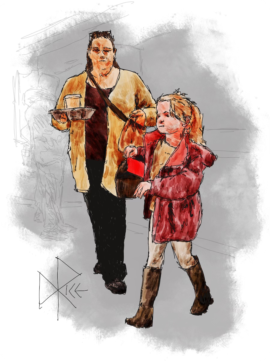 A young girl and her mom carry their McDonald’s order to their table. The girl looks ravenous for her ‘Happy Meal’. Sketch art by Don Rice.