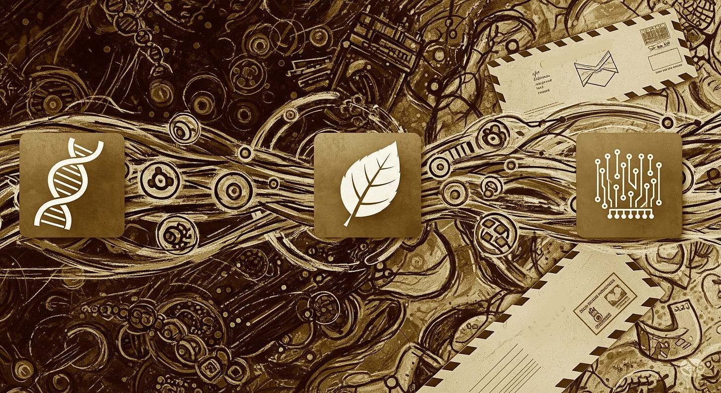 Abstract painting impage with logos of DNA, a leaf, and a computer chip