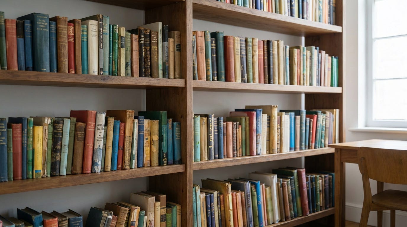 Two wooden bookshelves densely filled with rows of books in varied colors and sizes, lit by natural light from a window on the right. The books are organized deliberately by arrangement rather than uniformly sorted.