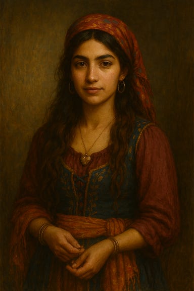 Create a safe, non-violent dark fantasy portrait of Katarina as she might appear in Varushka’s memory. She is a young Vistani woman with a warm olive complexion, expressive hazel or amber eyes, and a heart-shaped face with soft, harmonious features. Her long dark copper or deep auburn hair falls in loose waves, with small Vistani beads or charms woven into subtle braids. Her expression should be gentle, warm, and quietly defiant, as if she carries both hope and sorrow. She wears layered Vistani clothing in deep burgundy, warm gold, indigo, and ember-orange, with embroidered hems and meaningful jewelry. The atmosphere should feel like a remembered moment—soft firelight, warm tones, and a sense of bittersweet nostalgia, without any violence or frightening imagery.