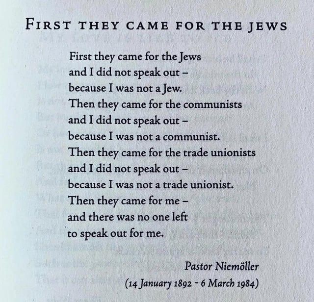 POEM] First They Came for the Jews by Pastor Niemöller : r ...