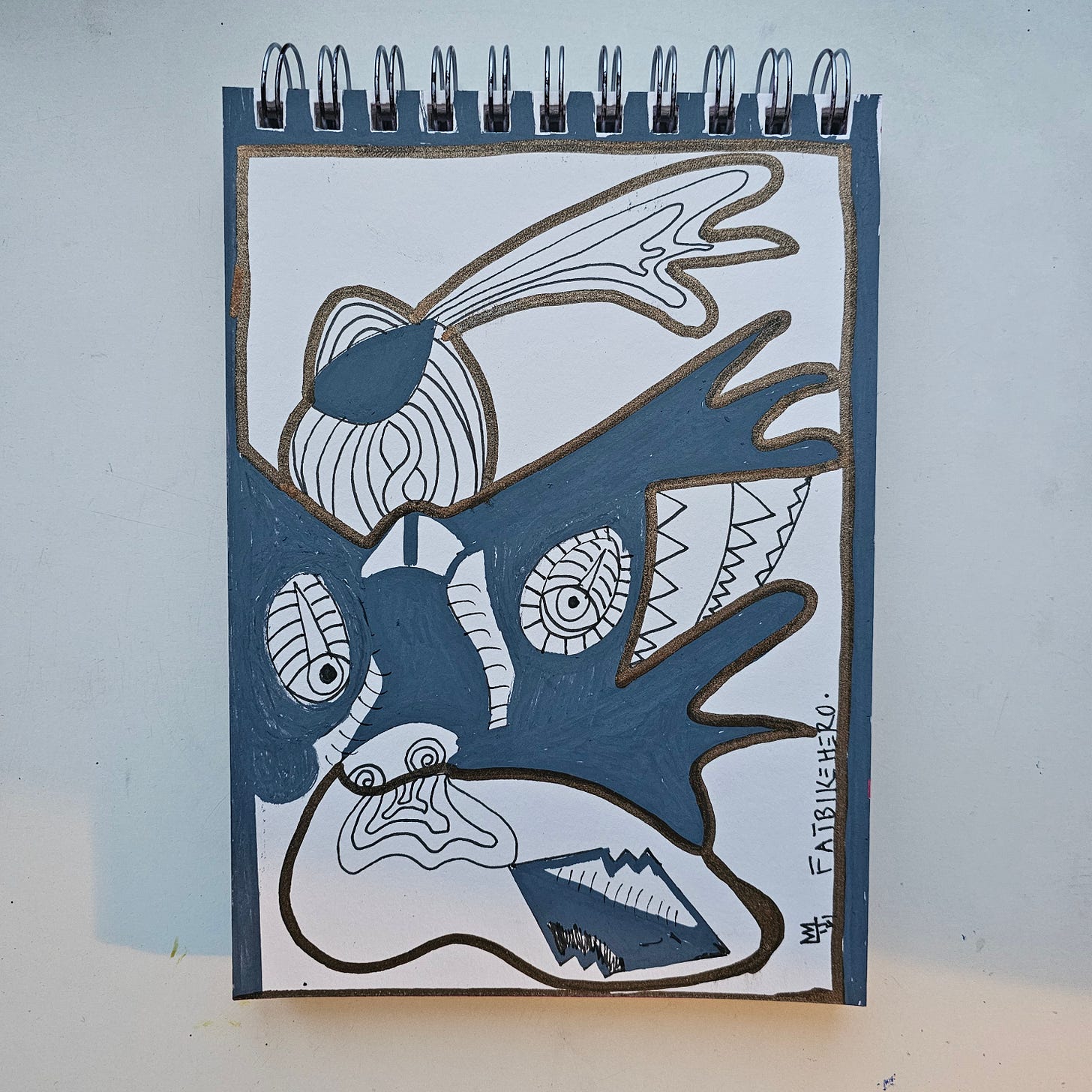 Alt Text:  A vertical sketchbook drawing by FatbikeHero titled "Fallen Stars or Fallen Angels?" featuring abstract, surrealist shapes in slate grey and white, heavily outlined in metallic gold ink. The forms suggest distorted eyes, wings, and organic curves.