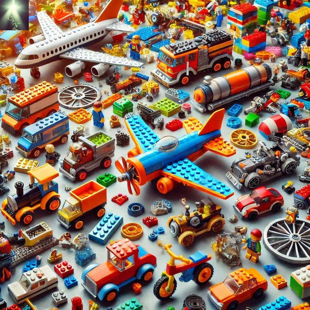 Collection of ad-hoc colourful block built (Lego-like) toys. 