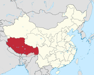 Location of the Tibet Autonomous Region in China (territory claimed by China but controlled by India is striped) Location of the Tibet Autonomous Region in China (territory claimed by China but controlled by India is striped)