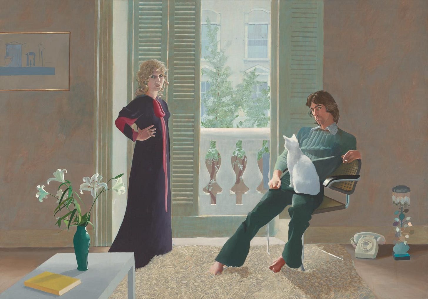 Mr and Mrs Clark and Percy by David Hockney: a woman in a purple dress, a seated man with a white cat, lilies on a table Mr and Mrs Clark and Percy by David Hockney: a woman in a purple dress, a seated man with a white cat, lilies on a table