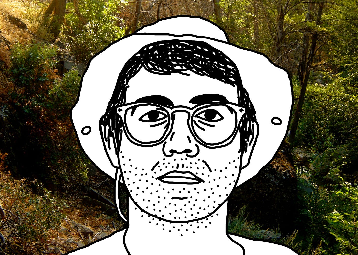A black line drawing of Alex, the protagonist of "I Hear You Watching." He is white, short messy parted hair, glasses. He stares straight at you, unsmiling. He has a five-o’clock shadow and bags under his eyes. Behind him is a lush, green nook of forest bathed in golden light.