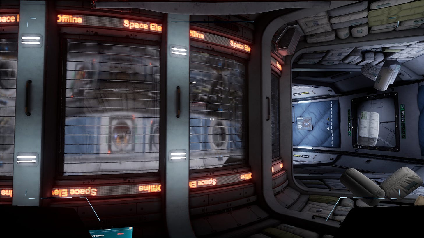 An interior shot from Deliver Us the Moon, looking very typically space-y.
