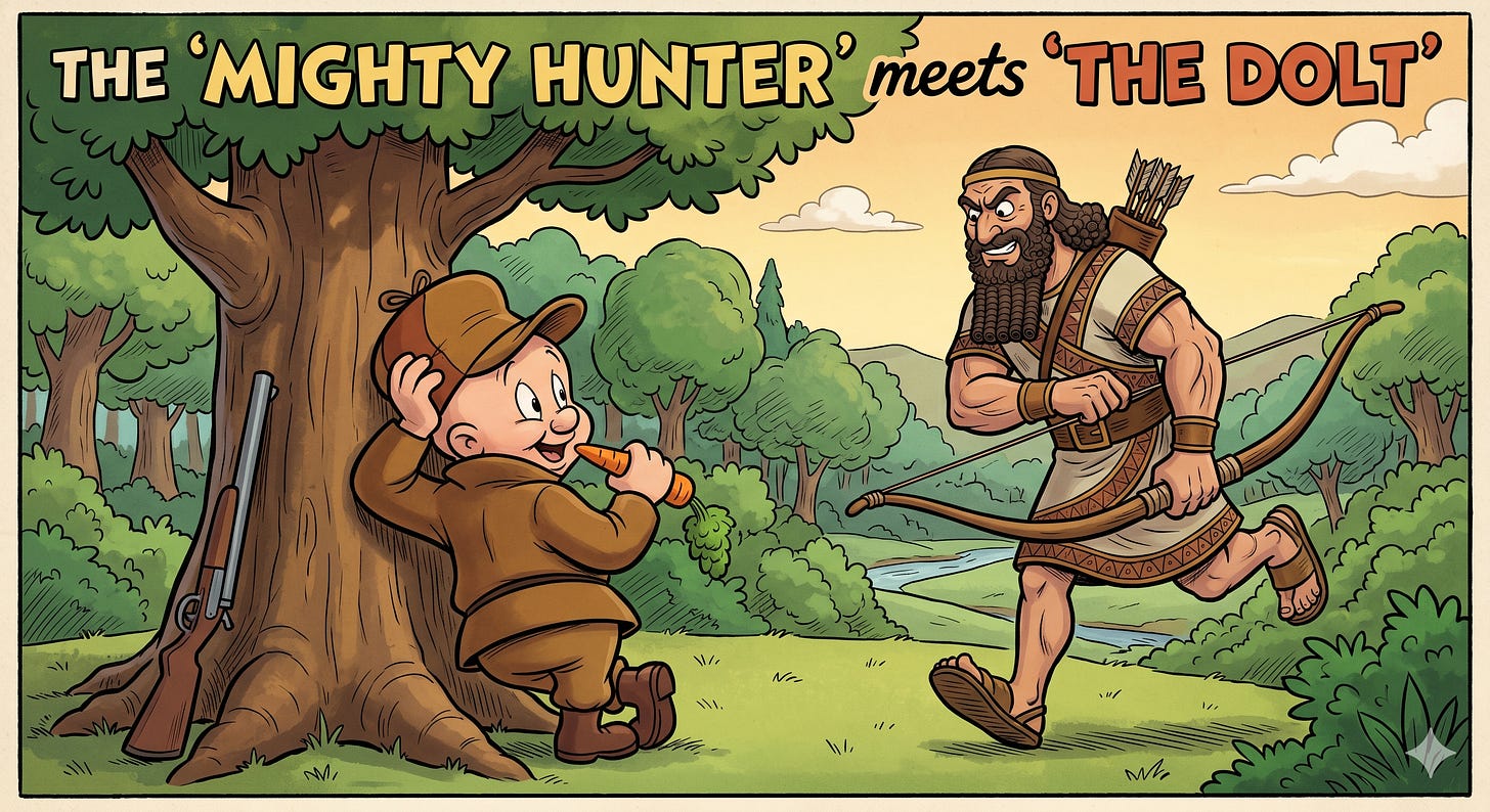 A 1940s-style cartoon illustration showing the contrast of the name Nimrod. In the foreground, a bumbling hunter resembling Elmer Fudd leans against a tree eating a carrot. Sneaking up on him is a muscular ancient Mesopotamian king (the biblical Nimrod) with a long beard and a large wooden bow. Text at the top reads, "The 'Mighty Hunter' meets 'The Dolt'."