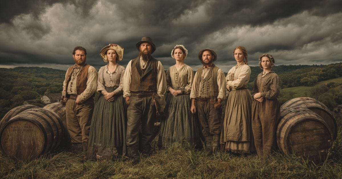Frontier farmers with whiskey barrels in Pennsylvania hills during the Whiskey Rebellion, dramatic storm clouds above. Frontier farmers with whiskey barrels in Pennsylvania hills during the Whiskey Rebellion, dramatic storm clouds above.