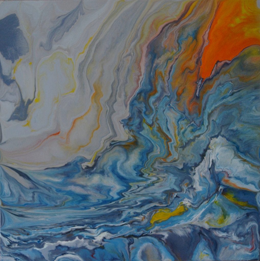 Original art by Anna Loscotoff. A blue ocean with bright orange lava running in.