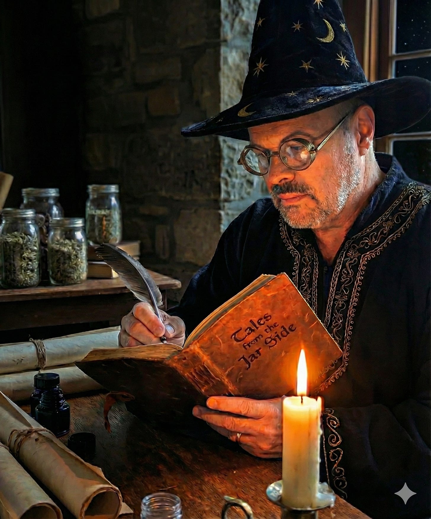 A wizard sitting at his desk at night uses a quill pen to write in a book entitled "Tales from the jar side", at night, lit by candlelight