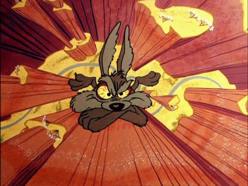 Gif del cartone animato di Wile E. Coyote che lo mostra al centro dell'immagine, con le braccia incrociate e un'espressione furiosa o determinata e gli occhi gialli spalancati. L'immagine è distorta da una prospettiva radiale, con raggi arancioni e marroni che si irradiano dal centro, creando un effetto esplosivo o di velocità che punta verso lo spettatore.