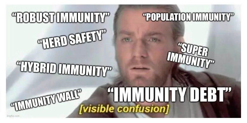 Photo of a man with a confused look on his face while peering off into the distance. Scattered around the image are the following terms in quotation marks, robust immunity, population immunity, super immunity, herd safety, hybrid immunity, immunity wall, immunity debt. The caption at the bottom is in brackets and reads visible confusion Photo of a man with a confused look on his face while peering off into the distance. Scattered around the image are the following terms in quotation marks, robust immunity, population immunity, super immunity, herd safety, hybrid immunity, immunity wall, immunity debt. The caption at the bottom is in brackets and reads visible confusion