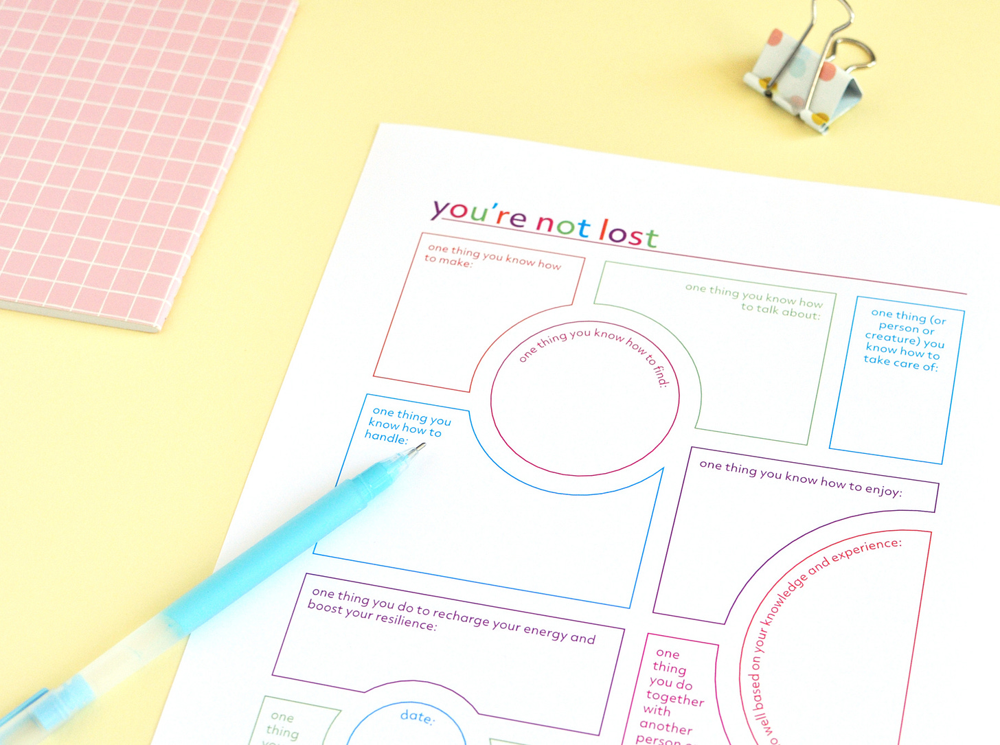 Colourful journal page titled You're Not Lost, filled with writing prompts for remembering what you know and recognizing the meaningful things you do. Shown with a blue pen and pink notebook on a yellow background.
