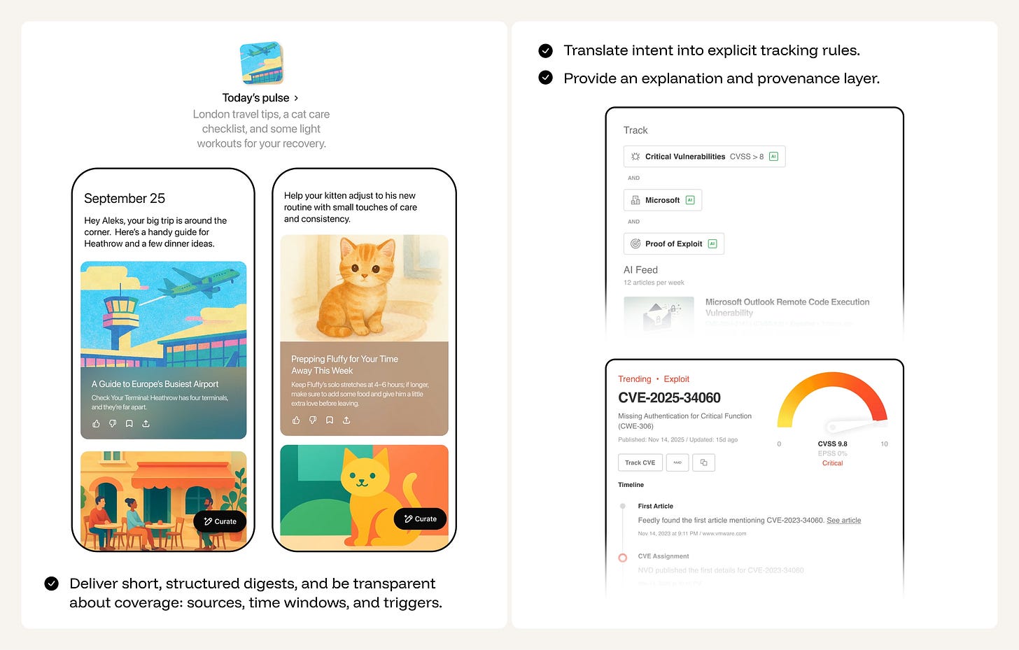 GPT-powered daily digest cards and Feedly interface showing tracked topics, alerts, and critical vulnerability updates.