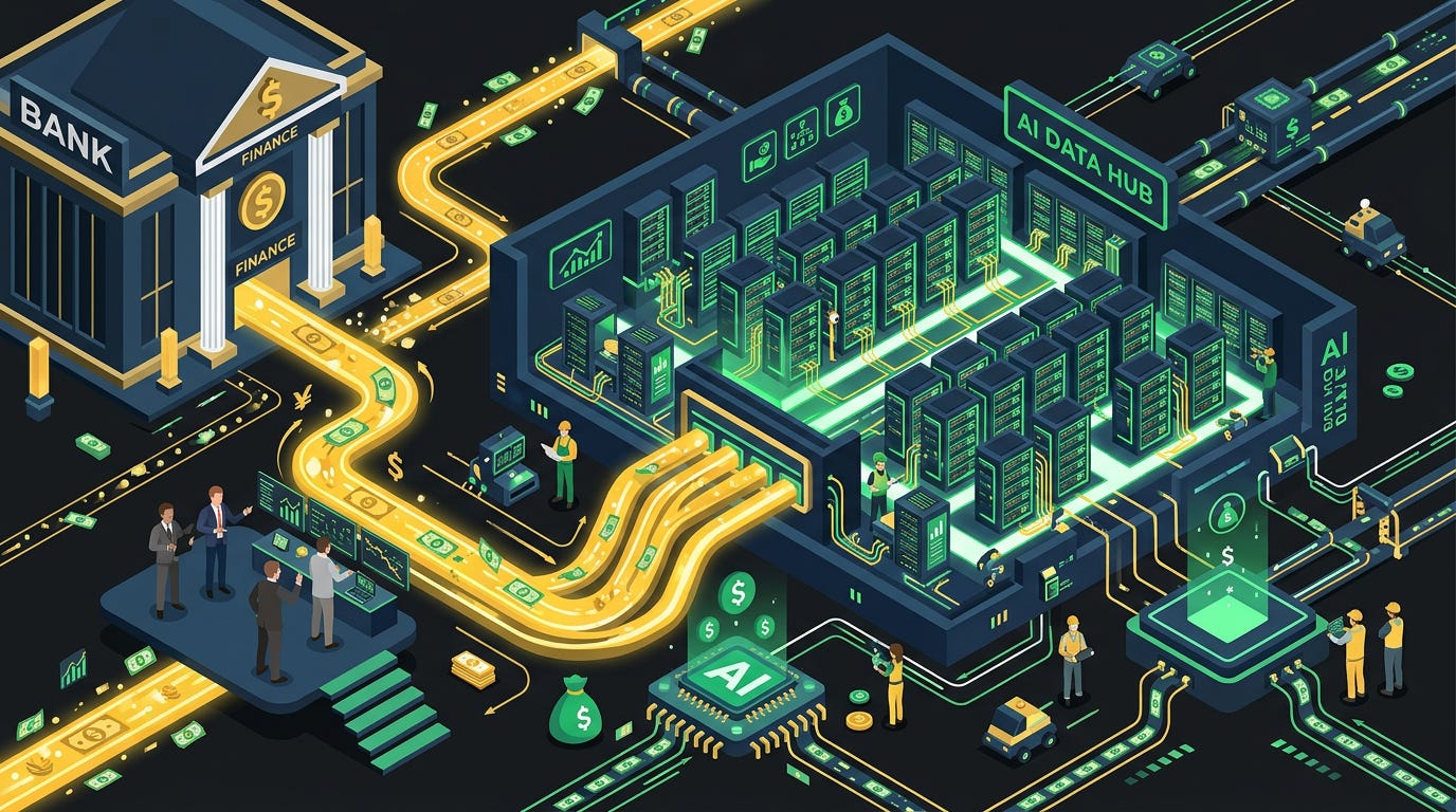 Flat isometric illustration of a giant AI data center filled with glowing server racks, massive streams of money flowing from a financial building into the servers, small traders and engineers standing around the infrastructure, deep charcoal background, clean vector art style, bold green, gold and white accents, modern finance technology editorial aesthetic Flat isometric illustration of a giant AI data center filled with glowing server racks, massive streams of money flowing from a financial building into the servers, small traders and engineers standing around the infrastructure, deep charcoal background, clean vector art style, bold green, gold and white accents, modern finance technology editorial aesthetic