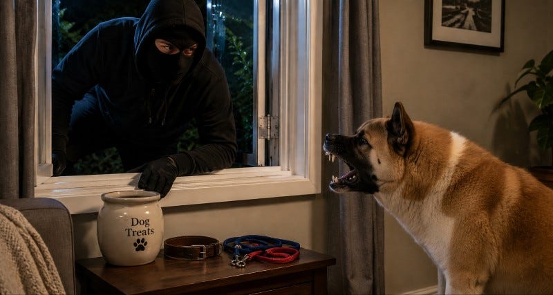 Burglar tries to break into home through window while a snarling Chow Chow looks at him.
