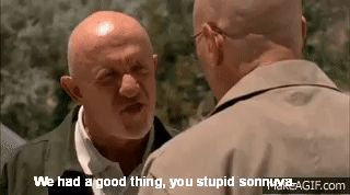 a gif from Breaking Bad of Mike cursing out Walter for ruining a perfectly profitable drug empire.