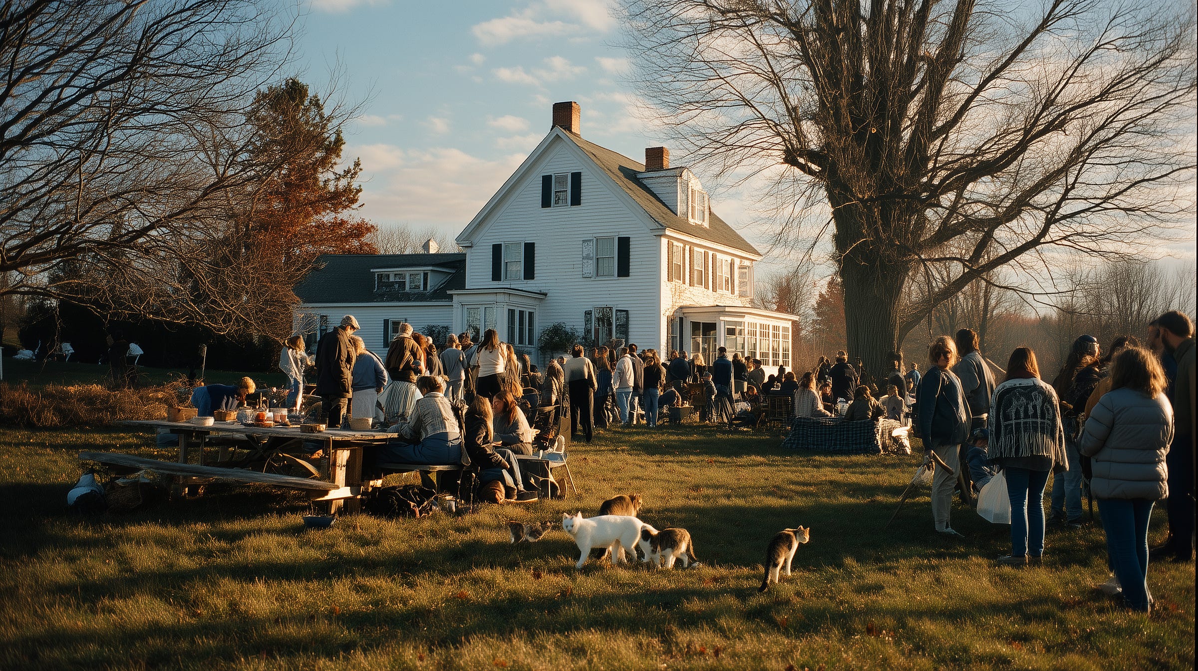 Outdoor gathering with people enjoying a sunny day near a white house with black shutters. Picnic tables with food, playful cats roaming the grassy area, and a large tree with bare branches set the scene for a lively community event.