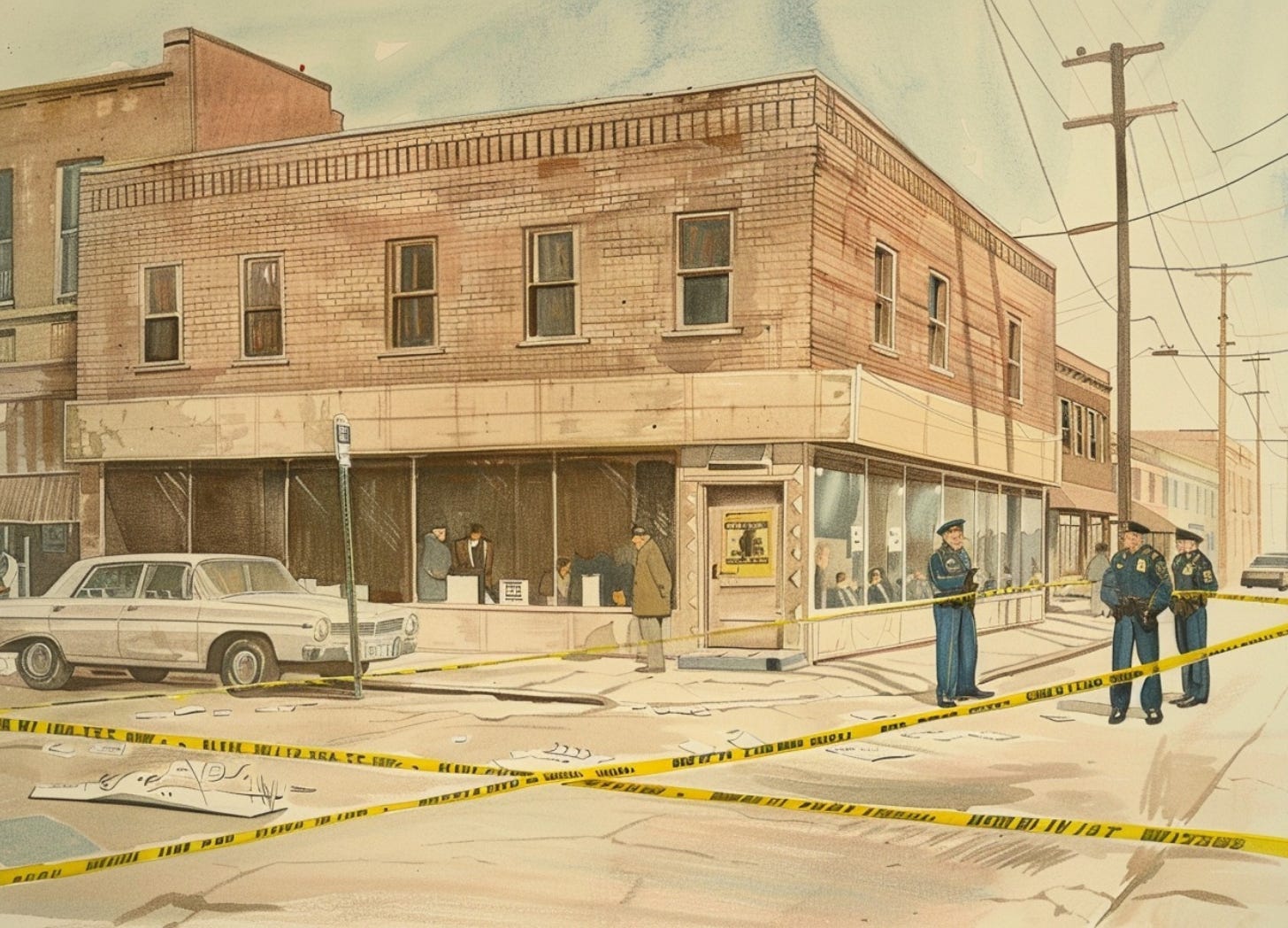 vintage watercolor illustration of a police-secured mixed-use building near State Street with officers, patrol car, and bystanders observing from behind tape
