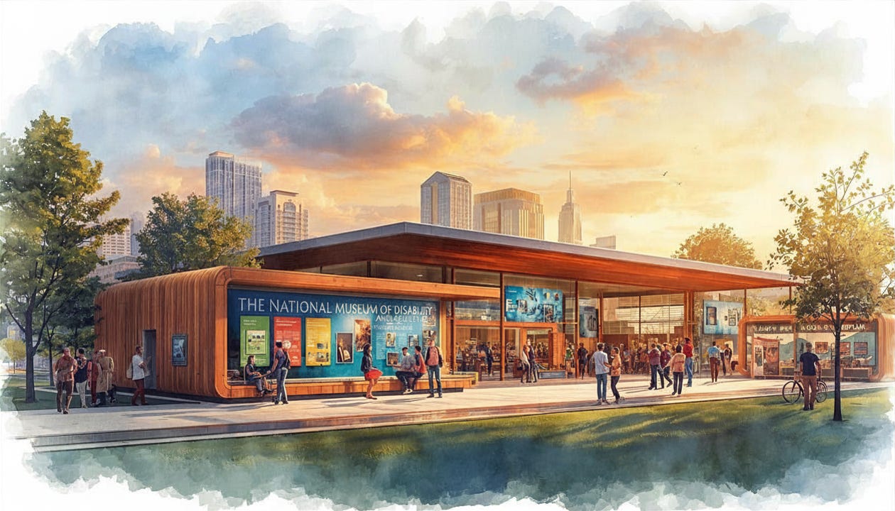This is an architectural rendering of the National Museum of Disability. The building features modern design with large windows and an inviting entrance.