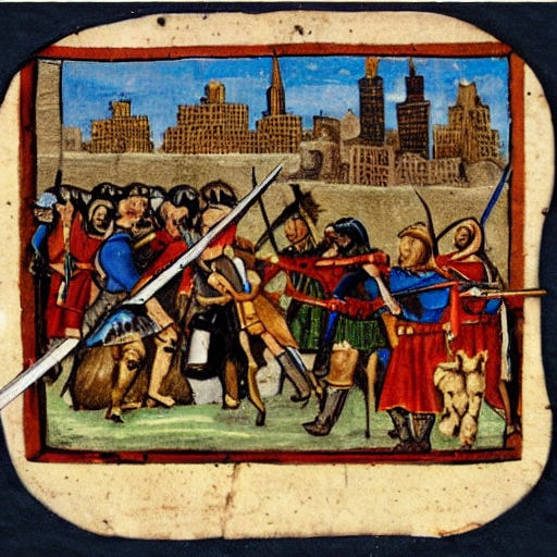 Medieval army fighting on new york city