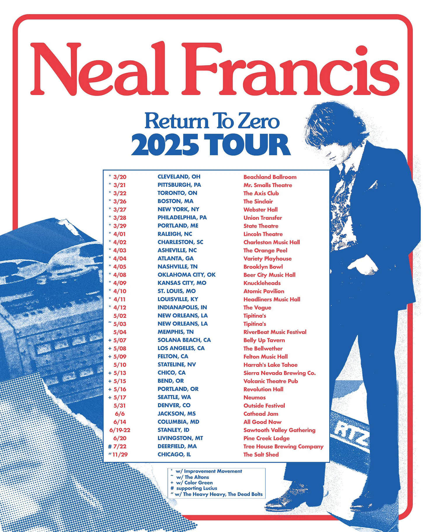 May be an image of 1 person and text that says 'Neal Francis Return To Zero 2025 TOUR 3/21 3/22 3/26 OH PITTSBURGH, TORONTO, ON BOSTON, Beachlend 3/28 AxisC PHILADELPHIA, PA PORTLAND D,ME Webster Transfer Theatre CHARLESTON, 4/04 Music Hall Orange Peel OKLAHOMA KANSAS OK Music Holl 5/02 IN Hall Vogue ORLEANS, MEMPHIS, SOLANA BEACH, CA ANGELES, FELTON, STATELINE NV 5/10 Festival Tevern Bellwether Felton Tahoe Brewing PORTLAND, OR SEATTLE, 5/31 Revolution 6/19-22 MS MD STANLEY,ID Festival 7/22 -11/29 DEERFIELD, MA CHICAGO, Good New awtooth Valley Gathering Pine House Brewing Company RTZ The Shed mprovement /The ngLucius Dend'