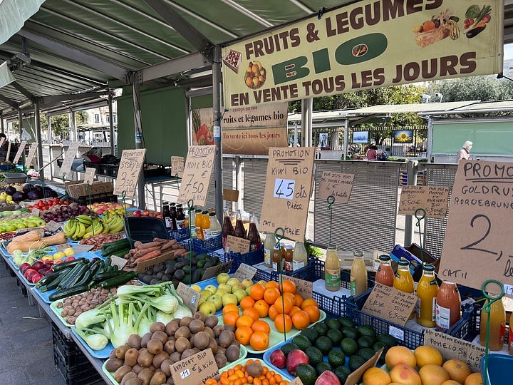 Photos of a mural from Germany and a market in Nice, France