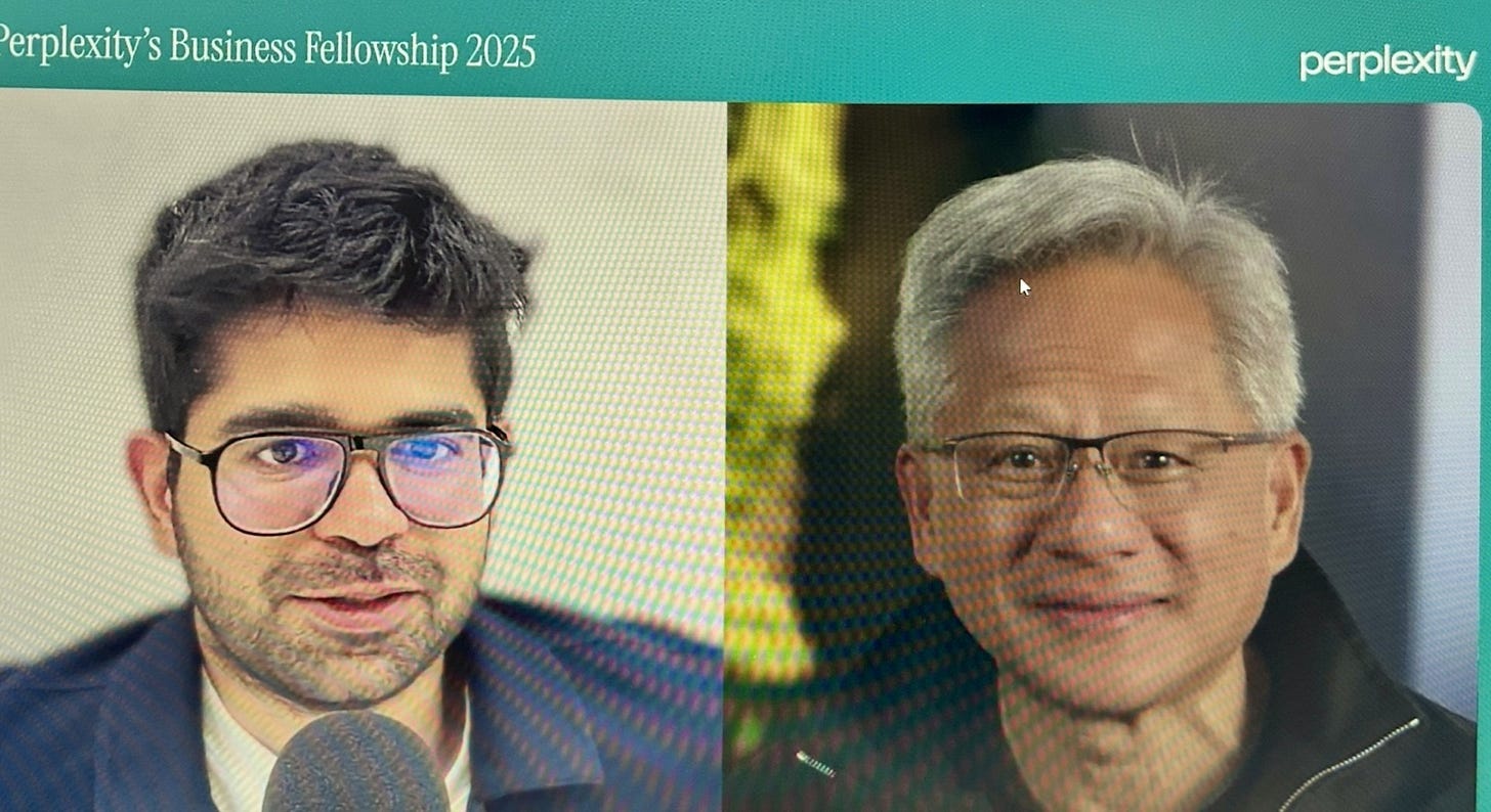 Rekha Thomas Substack Three Life Lessons from Nvidia CEO  that transcend AI (aravind srinivas on left, jensen huang on the right)