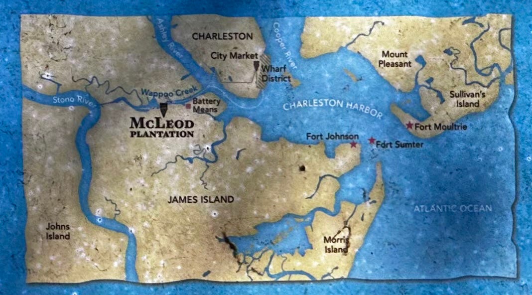 Location of McLeod Plantation just southwest of downtown Charleston, South Carolina. Author photograph of a map at the historic site (June 2026).