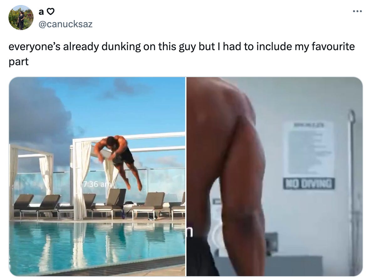Tweet from @canucksaz that reads "everyone’s already dunking on this guy but I had to include my favourite part" and features an image of Ashton Hall diving next to an image of him walking past a sign that says "no diving"