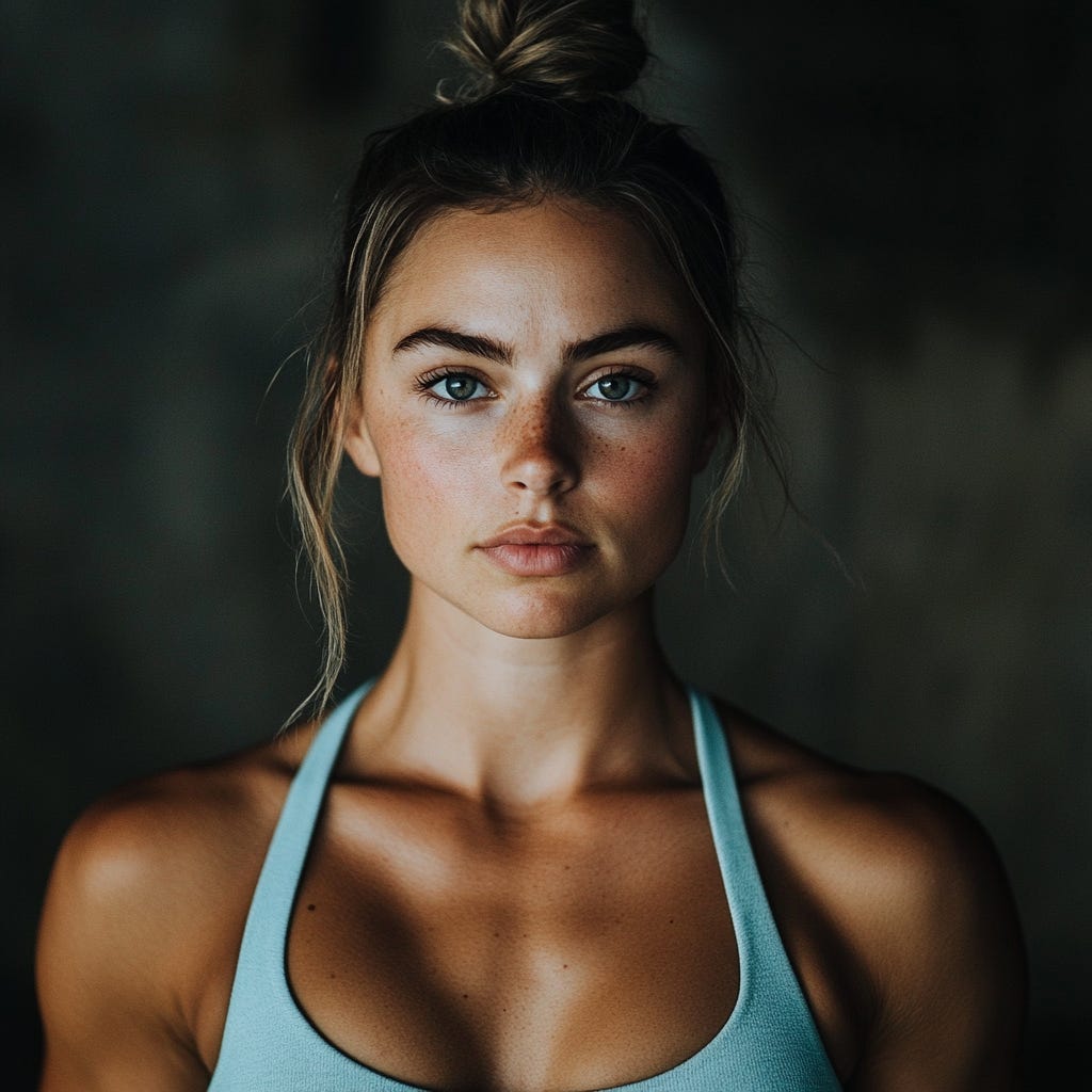 Fit, strong woman wearing light blue gym gear close-up. Fit, strong woman wearing light blue gym gear close-up.