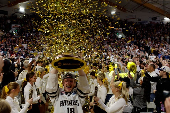 The Western Michigan University men's hockey team cheers during the National Champions Rally at University Arena on the Western Michigan University Campus on Monday, April 14, 2025 in Kalamazoo, MI.