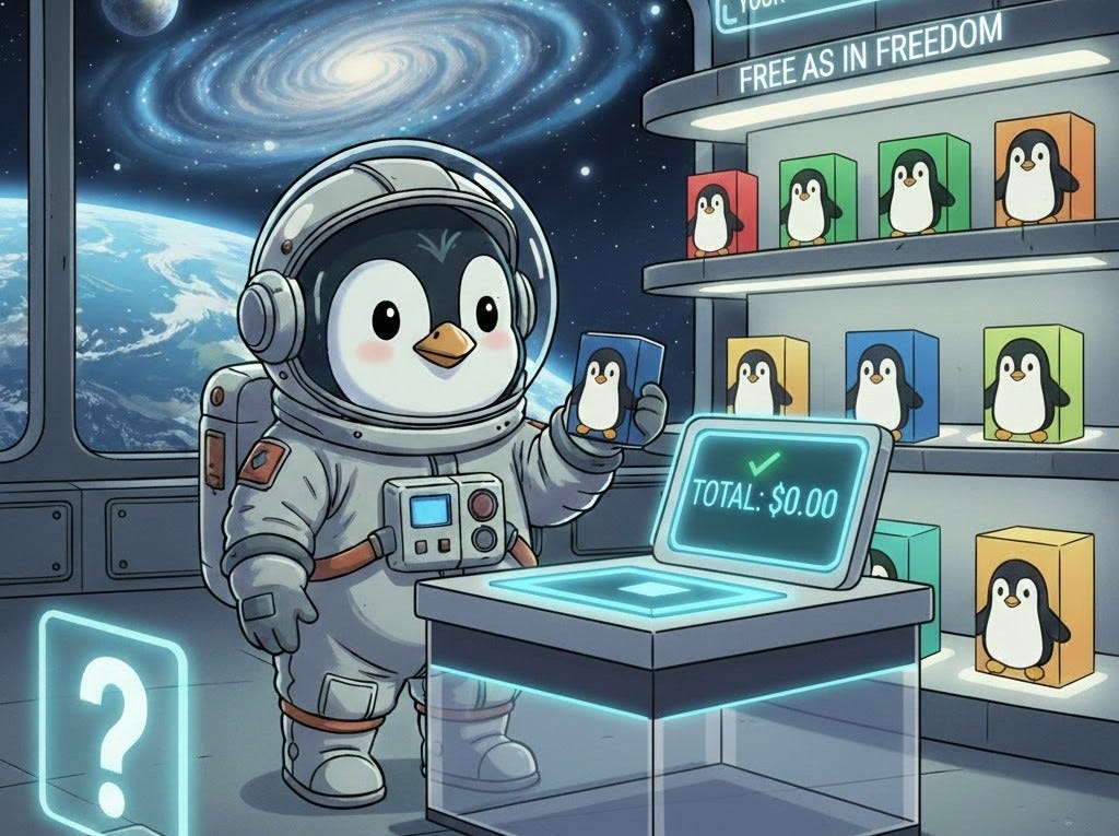 Space Tux at a digital checkout counter showing a total of zero dollars, representing that Linux is free and open-source.