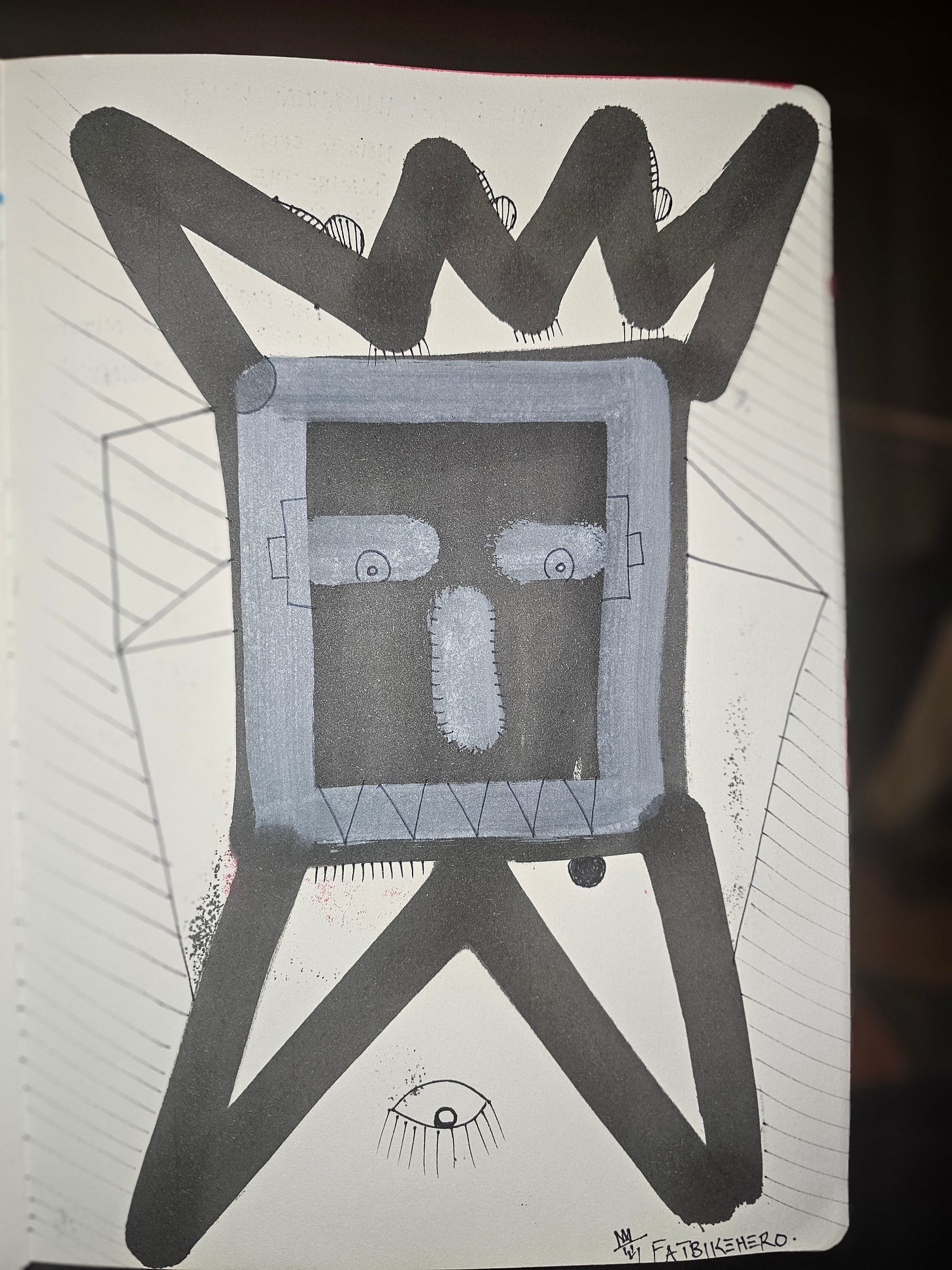 A bold, black marker drawing of a square-headed robot wearing a crown. The figure has a grey face with white eyes and a stitched nose, standing on tripod legs with an eye drawn beneath it.The final inked iteration of "A.I. ILLUMINATI KING," solidifying the concept into a graphic icon. A bold, black marker drawing of a square-headed robot wearing a crown. The figure has a grey face with white eyes and a stitched nose, standing on tripod legs with an eye drawn beneath it.The final inked iteration of "A.I. ILLUMINATI KING," solidifying the concept into a graphic icon.
