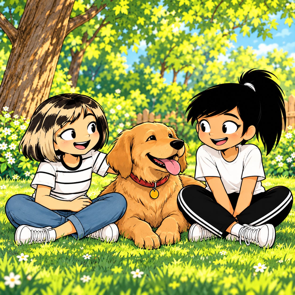 Zara and Aari sit with a friendly golden retriever beneath a tree.