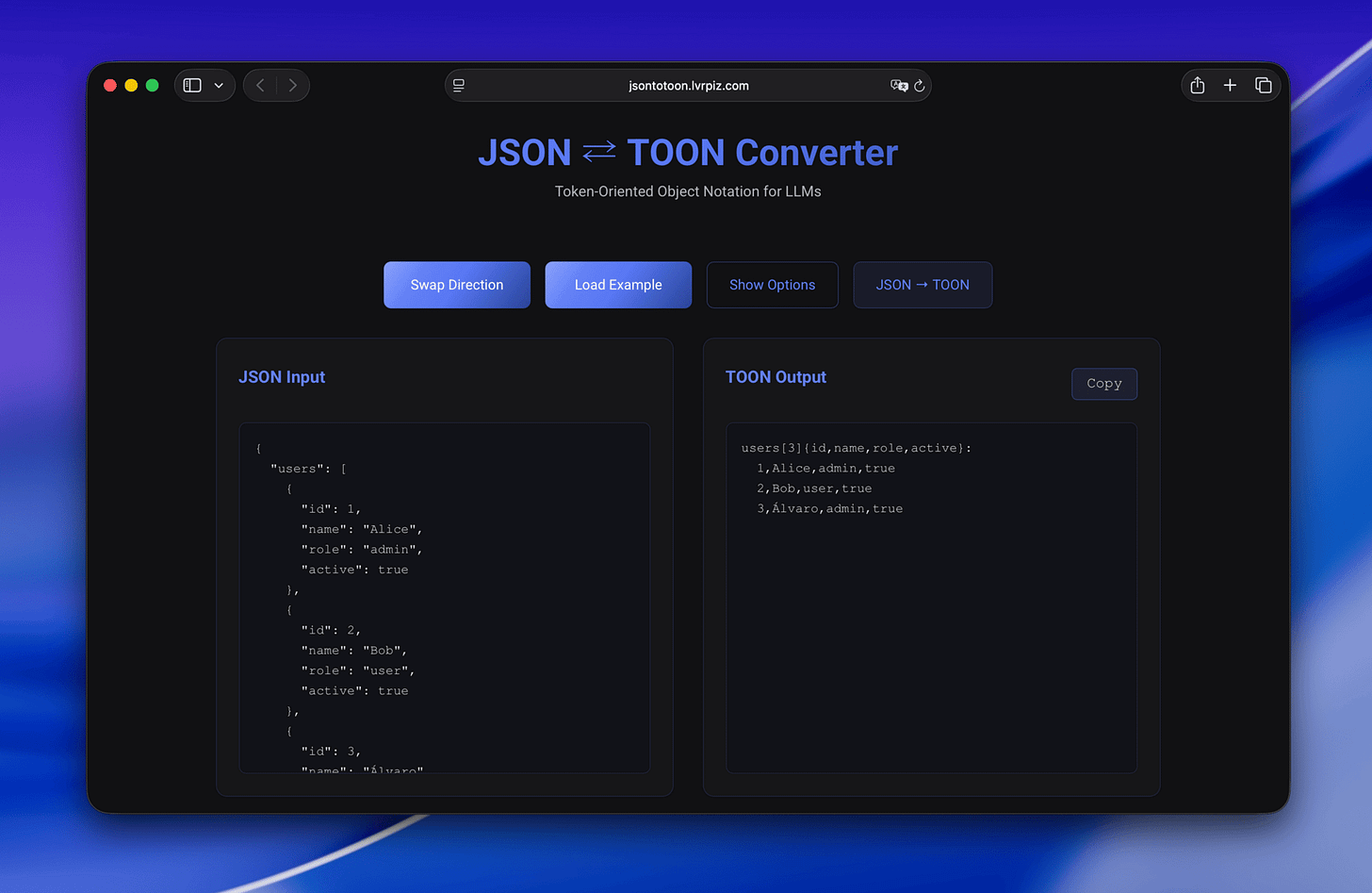 Herramienta de Conversor de JSON a TOON bidireccional