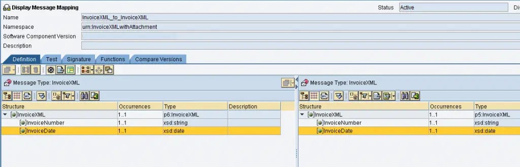 Graphical message mapping program for invoice XML (main payload).
