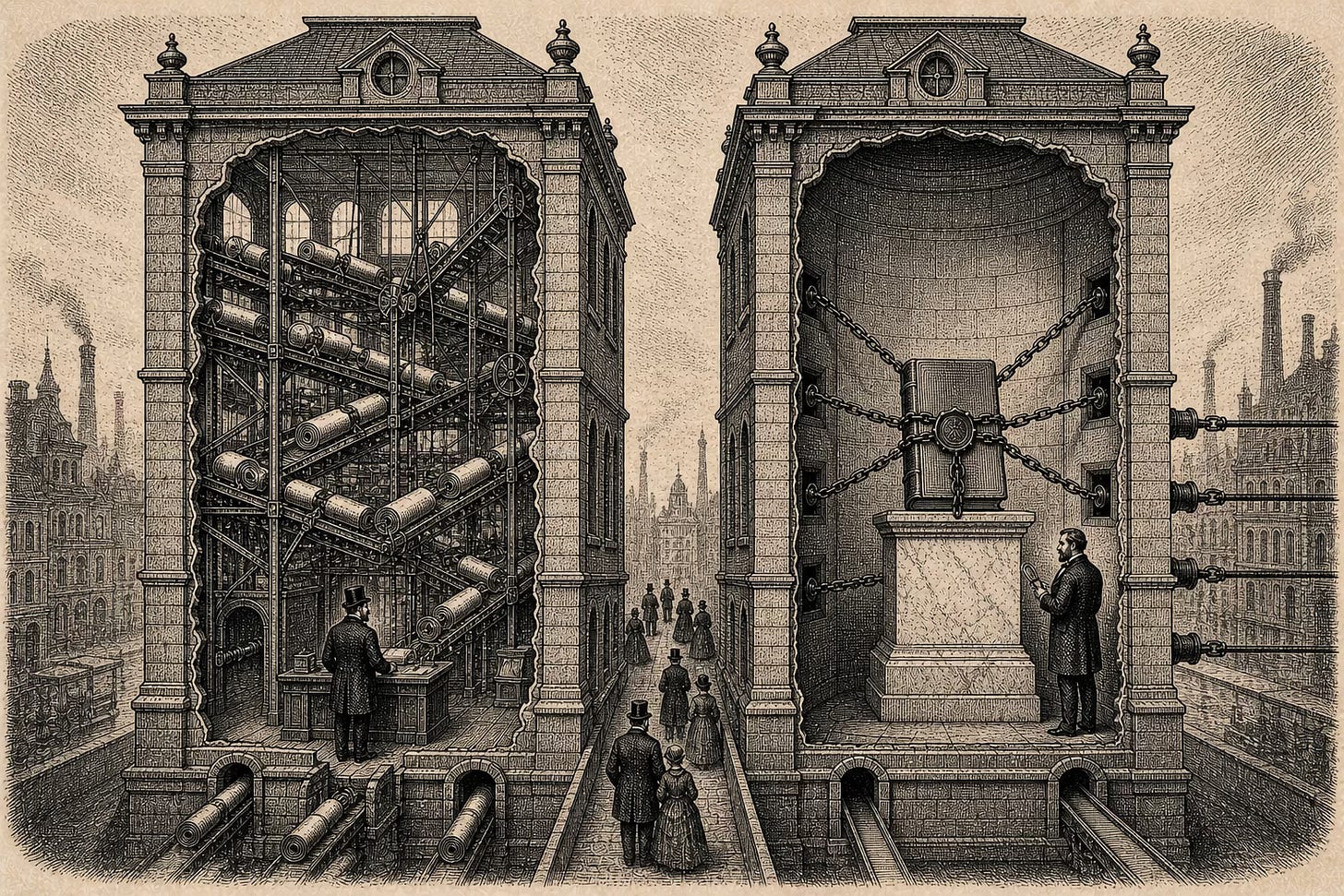 Wood-engraving editorial illustration in the Thomas Nast Harper's Weekly style for Attention Capital's essay Free Streaming, Expensive Underwriting. Two parallel stone towers stand side by side at center frame with their exteriors cut away in the engraver's tradition to reveal the interior. The left tower holds an elaborate conveyor mechanism carrying license rolls through the platform tier on iron scaffolding, with a banker observing the flow. The right tower holds a single sealed vault at its center with one bound IP catalog distributing through six iron chains to multi-platform distribution, with a banker examining the catalog directly. The composition visualizes the central thesis of the essay: identical FAST surfaces hold two completely different asset structures, with the platform tier renting inventory and the supplier tier owning IP. Wood-engraving editorial illustration in the Thomas Nast Harper's Weekly style for Attention Capital's essay Free Streaming, Expensive Underwriting. Two parallel stone towers stand side by side at center frame with their exteriors cut away in the engraver's tradition to reveal the interior. The left tower holds an elaborate conveyor mechanism carrying license rolls through the platform tier on iron scaffolding, with a banker observing the flow. The right tower holds a single sealed vault at its center with one bound IP catalog distributing through six iron chains to multi-platform distribution, with a banker examining the catalog directly. The composition visualizes the central thesis of the essay: identical FAST surfaces hold two completely different asset structures, with the platform tier renting inventory and the supplier tier owning IP.