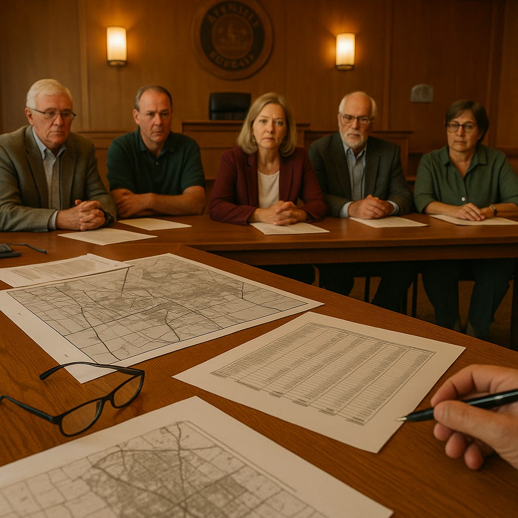 Small-town council meeting with maps and financial papers on the table, symbolizing the debate over freezing or reducing development charges.
