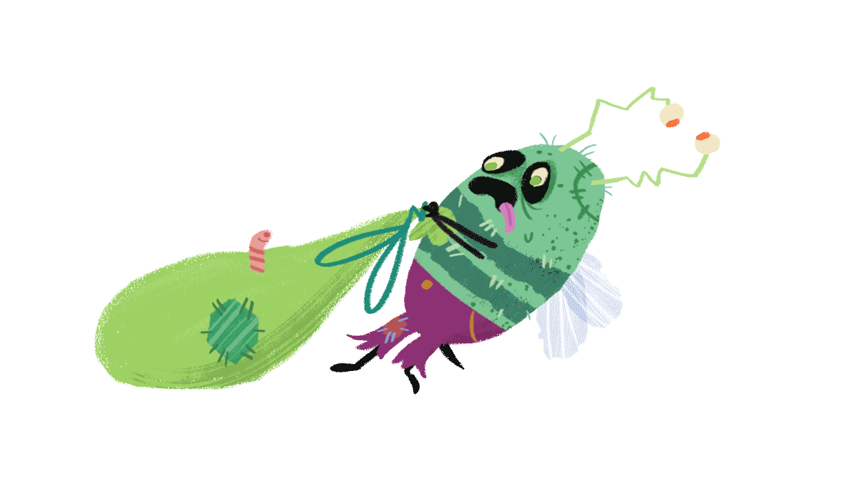 A GIF features art (by Kaly Quarles) from the book, The Zombees. An animated zombie bee drags a green sac with a worm coming out of it. One of the zombie bee's antennae fall off.
