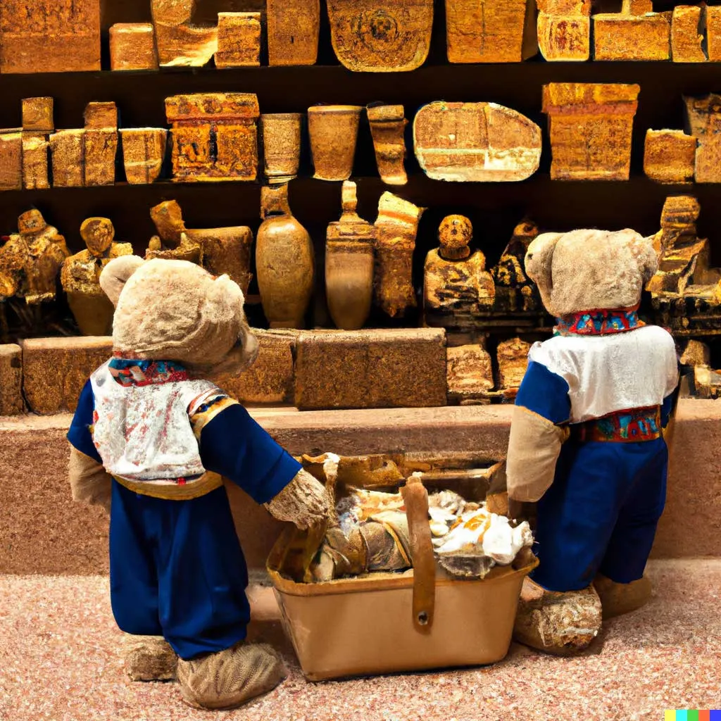 teddy bears shopping for groceries in ancient Egypt