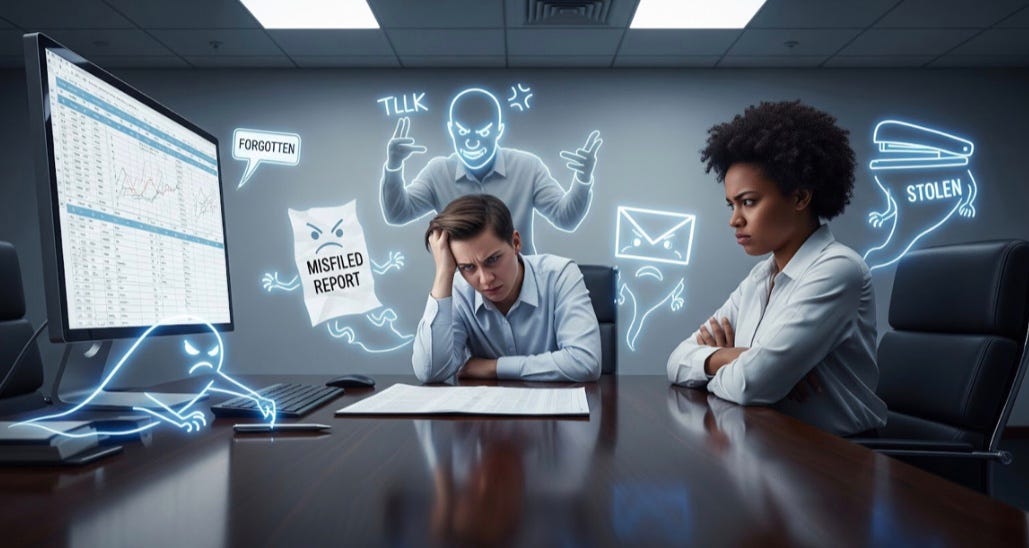 Image of ghosts of misfiled reports, forgotten data, and a stolen stapler. Two co-workers mad at each other.