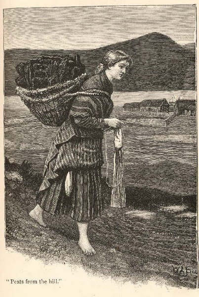 19th-century illustration of a woman knitting while walking, carrying a bag.