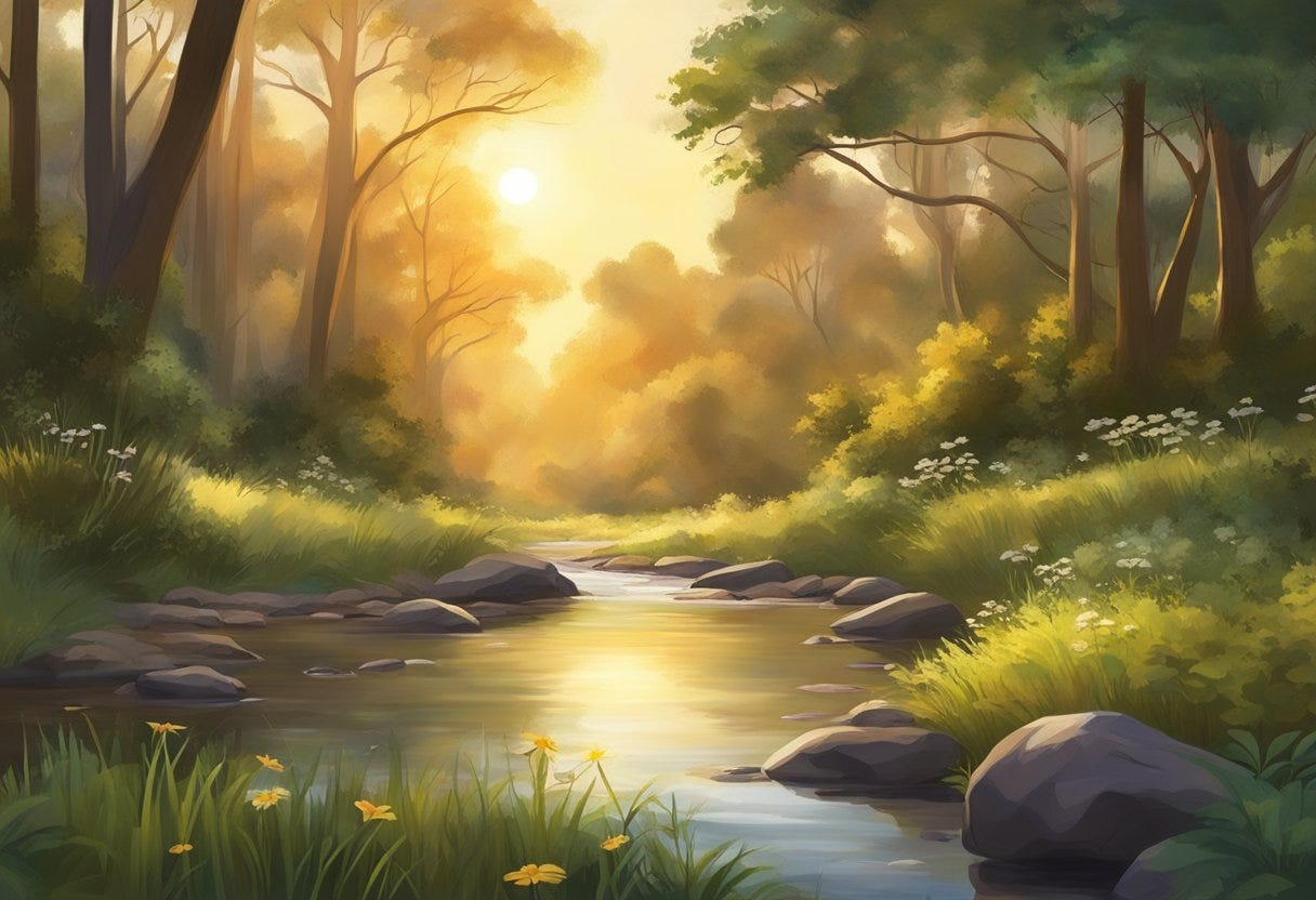 A serene forest clearing with a gentle stream, surrounded by diverse flora and fauna, under the warm glow of the setting sun