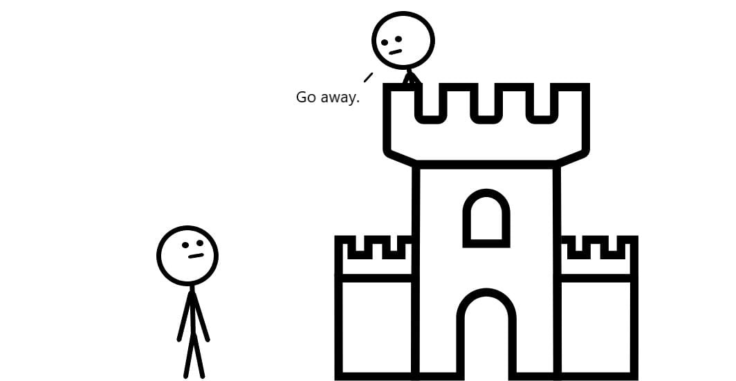 A person being inside a castle and another person standing in front of it